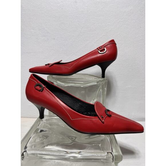 Red Leather Buckle Pumps Pedro Miralles Spain Size 9 Pointed Toe Designer - Picture 2 of 7